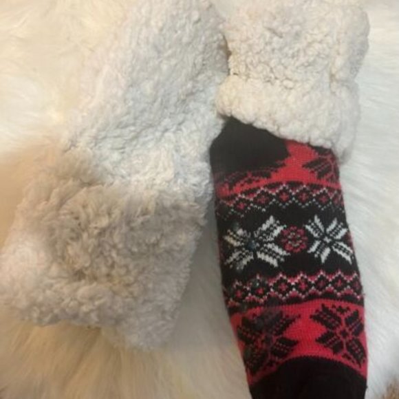 Comfy Winter Slipper/Socks White/Blk/Pink With Snowflakes One Size Fits All - Picture 4 of 6